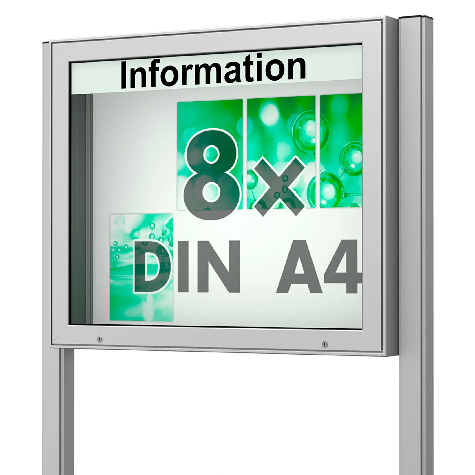 8 x DIN A4 Schaukasten Plenum eckig - der "Klassiker" - 210mm Bautiefe - mit Standbeinen und optionaler LED-Beleuchtung